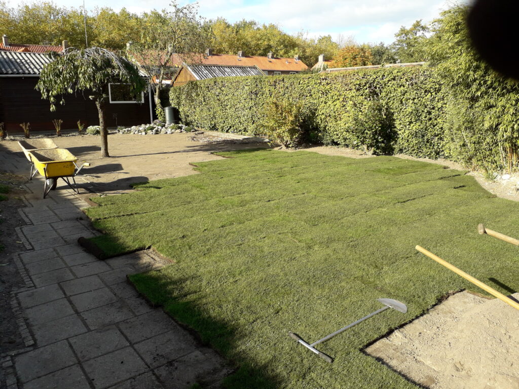 Nieuw aangelegde grasvelden in achtertuin met tuinschutting en terras door K&S Tuinspecialisten